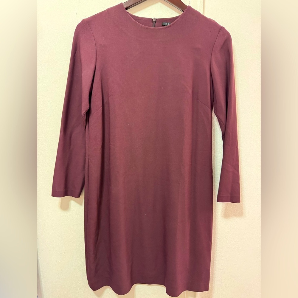 Theory Women's Sz 2 Trinity Dress Burgundy 3/4 Sleeve Shift Knit